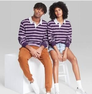 WILD FABLE Purple White Striped Rugby Shirt Unisex Sizing Preppy Men's Small NEW